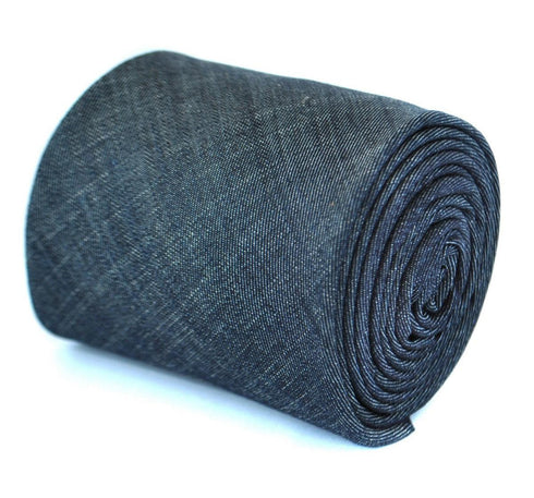 plain navy blue textured linen tie