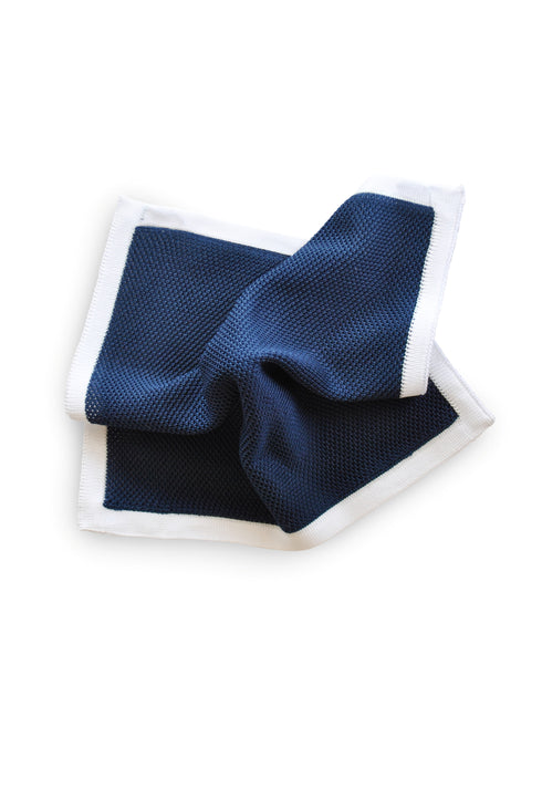 navy blue knitted tie with matching pocket square