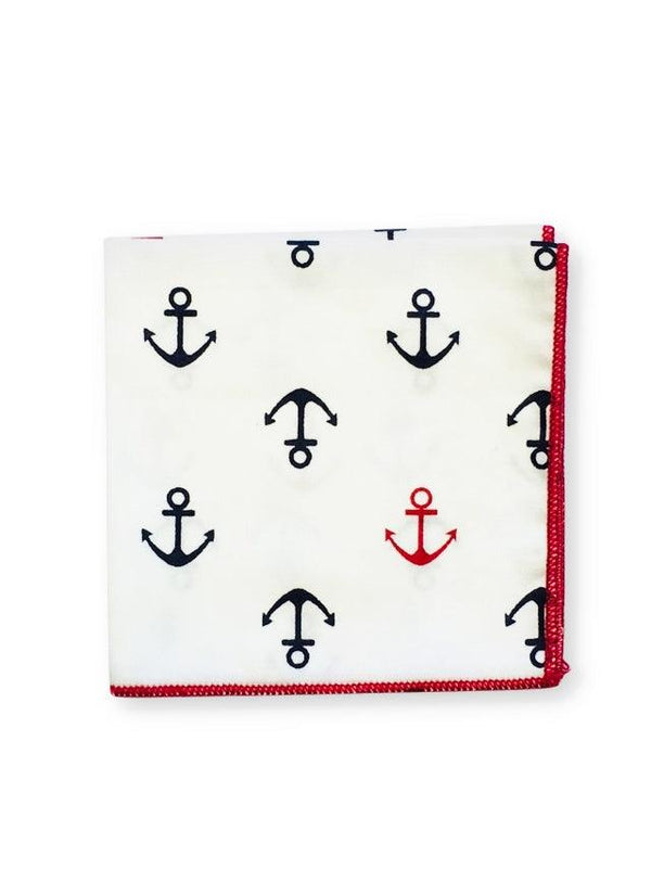 White Anchor Patterned Pocket Square
