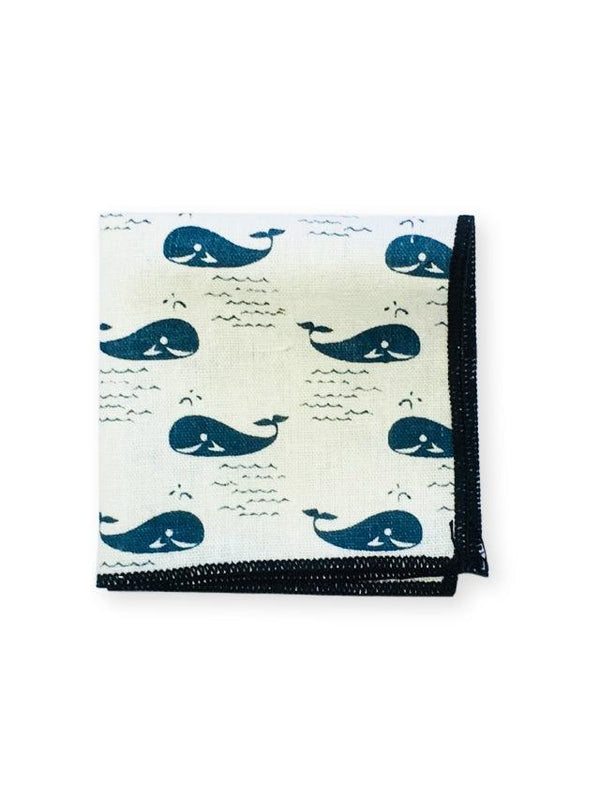 Cream Blue Whale Linen Pocket Square