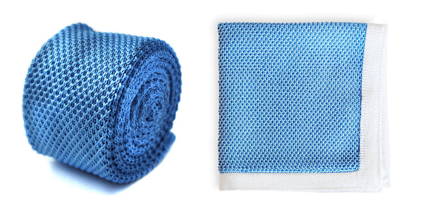 Light Blue Knitted Tie with Matching Pocket Square