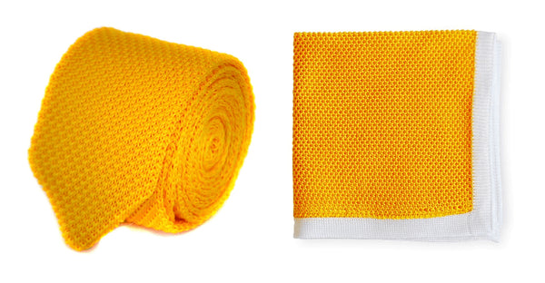 Yellow Knitted Tie with Matching Pocket Square