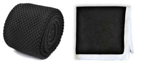 black knitted tie with matching pocket square