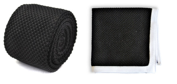 black knitted tie with matching pocket square