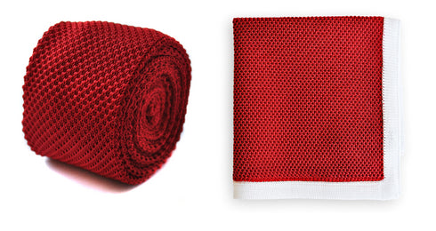 Red Knitted Tie with Matching Pocket Square