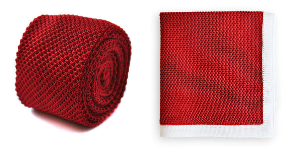 Red Knitted Tie with Matching Pocket Square