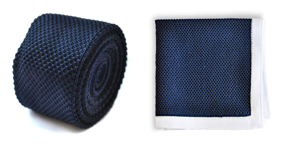 navy blue knitted tie with matching pocket square