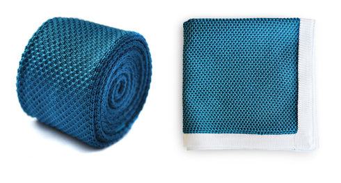 teal knitted tie with matching pocket square