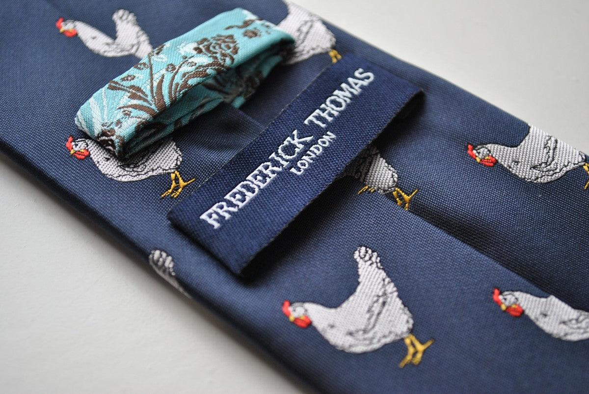 Handmade men's navy tie with an embroidered chicken design and ...